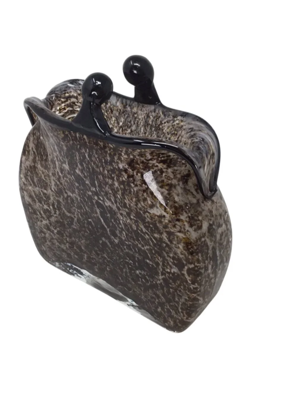 Hand Blown Art Glass Vase Purse Shape Kiss Clasp Brown Mottled